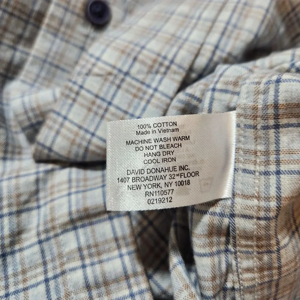 David Donahue Button Up Shirt Men 16 M/L Gray Plaid Long Sleeve Fusion